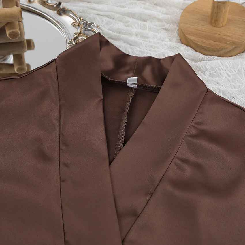Elegant Satin 3-Piece Lounge Set – Long Robe, Crop Top & Wide-Leg Shorts