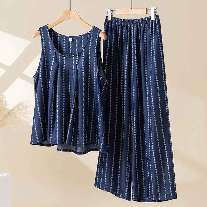 Women’s Cotton Striped Pajama Set – Sleeveless Top & Ankle-Length Pants