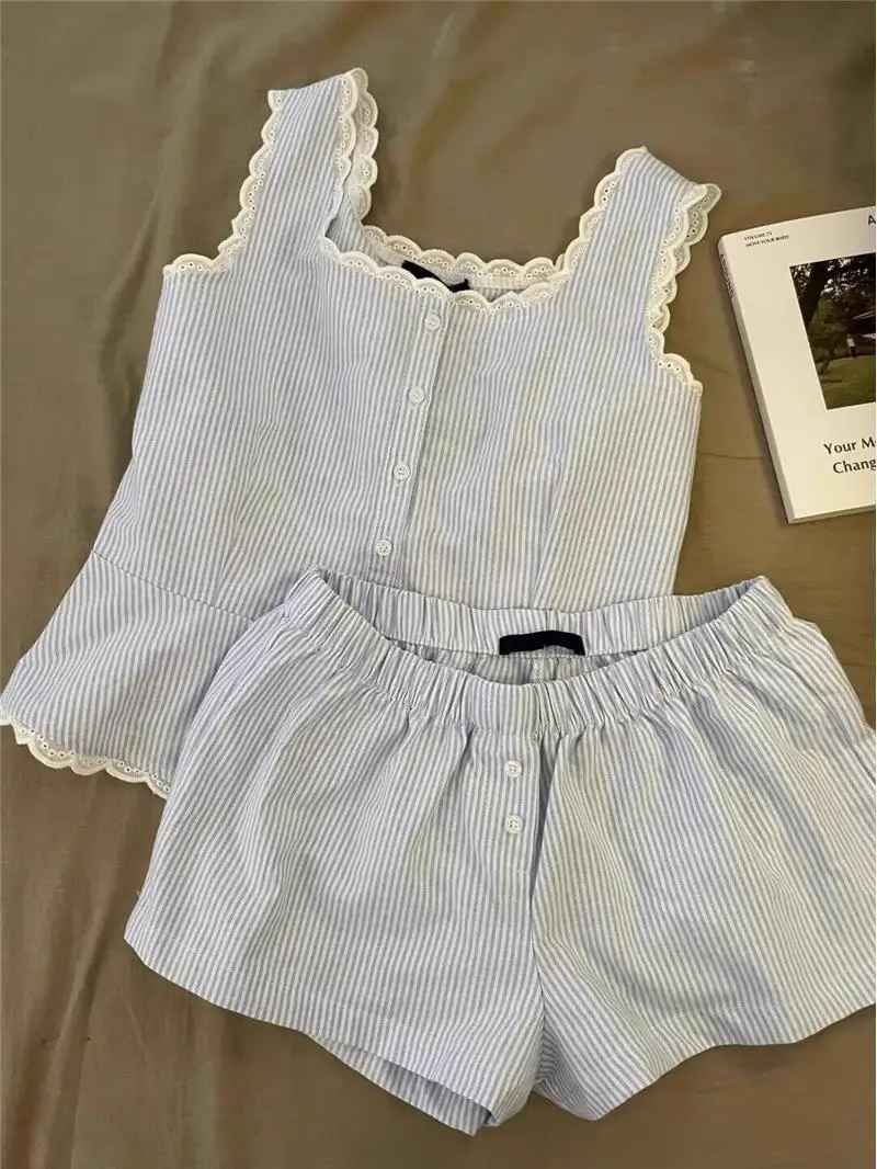 Elegant Striped Lace-Collar Pajama Set – Camisole Tank Top & Relaxed Shorts Summer Sleepwear