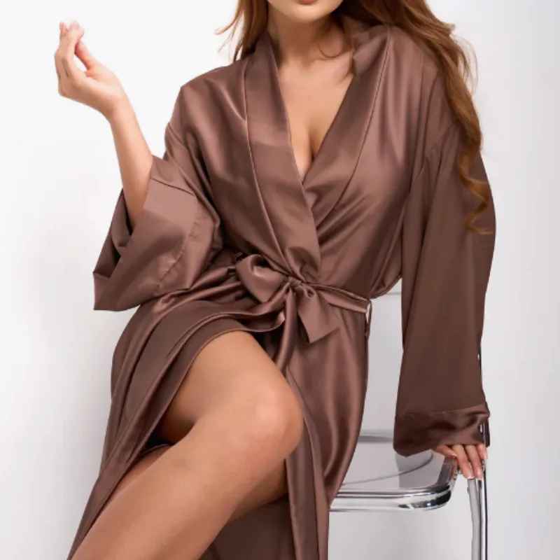 Women's Satin Kimono Robe – Elegant Long Dressing Gown