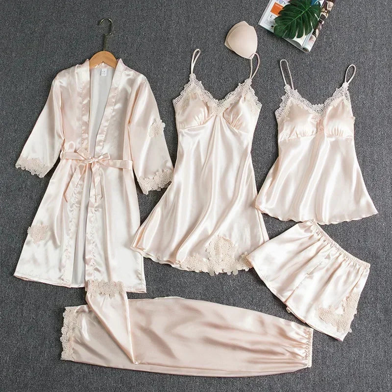 5-Piece Set of Women'S Sleepwear Sexy Silk Nightgown Lace Satin Nightgown V-Neck Vest Breathable Comfortable Women'S Nightgown