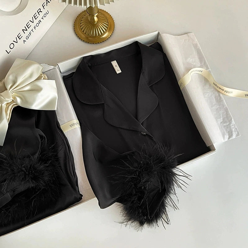 Luxury Silky Satin Pajamas with Feather Female 2PCS Long Sleeve Cardigan+Pants Pijamas Suit 2025 New Home Clothes Sleepwear