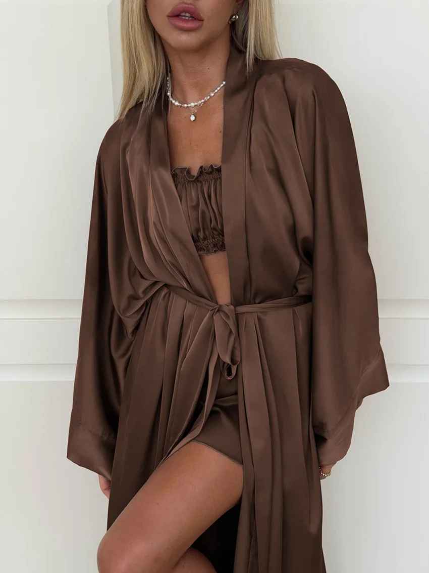 Elegant Satin 3-Piece Lounge Set – Long Robe, Crop Top & Wide-Leg Shorts