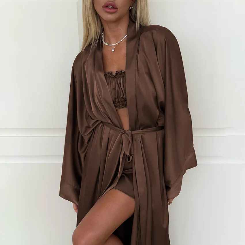 Elegant Satin 3-Piece Lounge Set – Long Robe, Crop Top & Wide-Leg Shorts