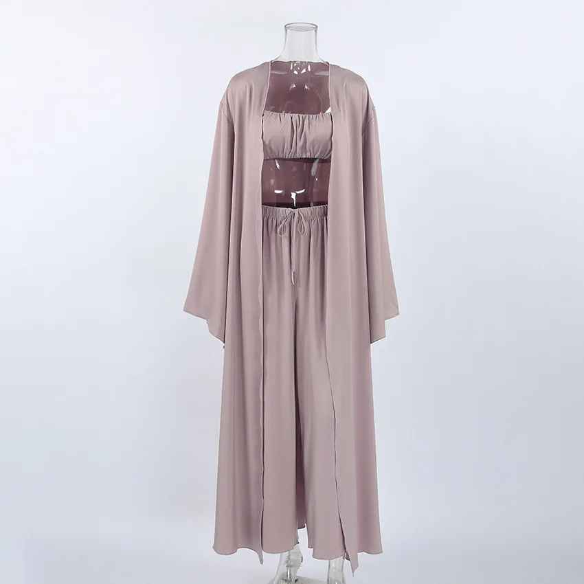 Women’s 3-Piece Lounge Set – Long Cardigan, Sleeveless Top & Wide-Leg Pants