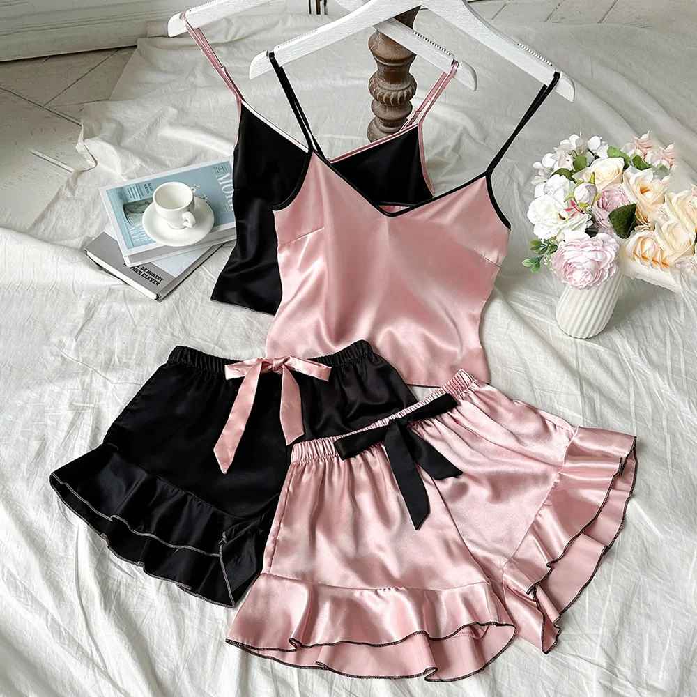 Women’s Satin Pajama Set – V-Neck Camisole Top & Ruffle Shorts