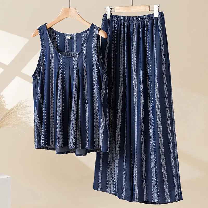 Women’s Cotton Striped Pajama Set – Sleeveless Top & Ankle-Length Pants