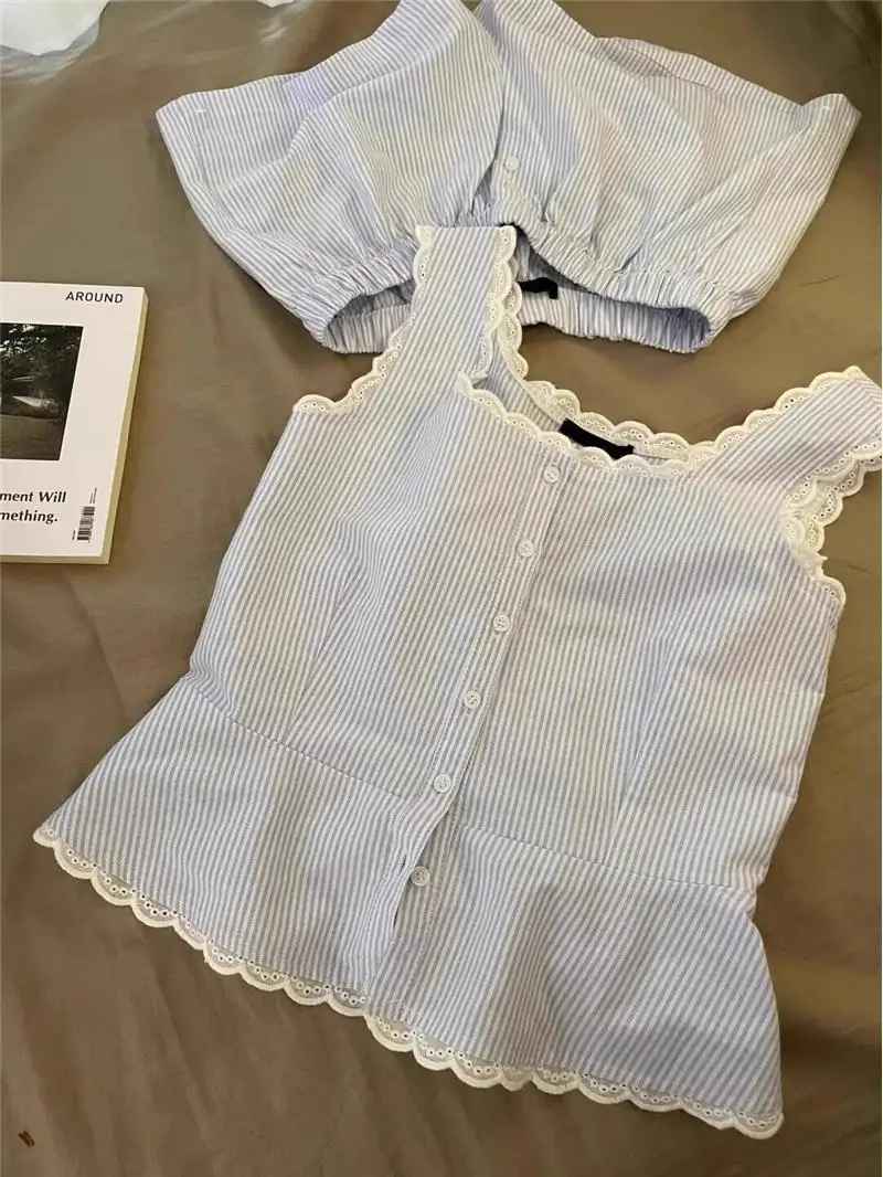 Elegant Striped Lace-Collar Pajama Set – Camisole Tank Top & Relaxed Shorts Summer Sleepwear