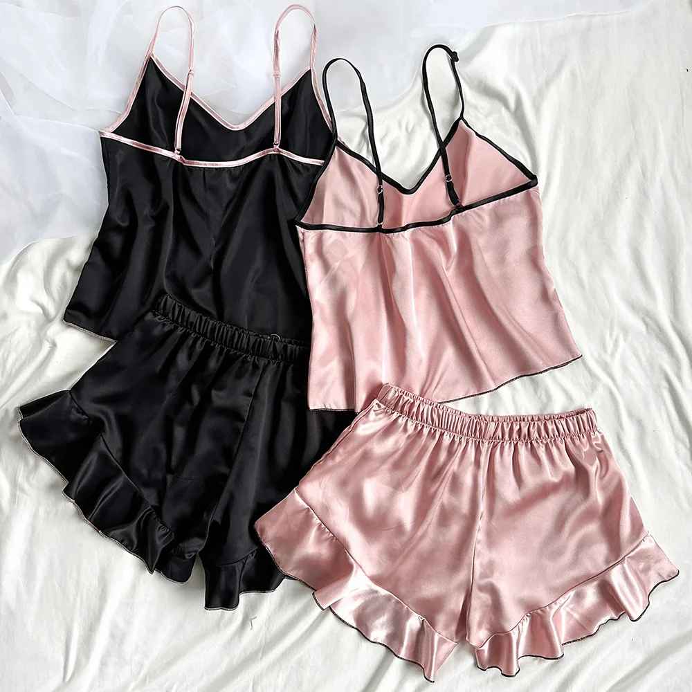 Women’s Satin Pajama Set – V-Neck Camisole Top & Ruffle Shorts
