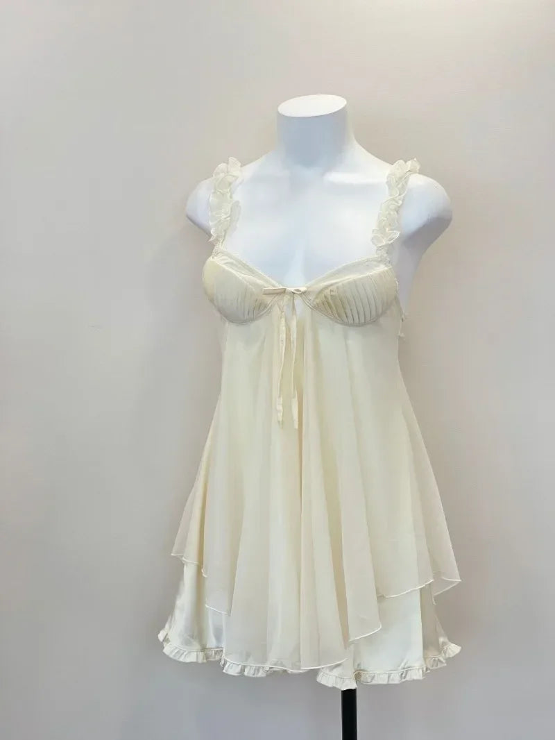 Sexy Pajamas Women'S Nightgowns 2023 New Ruffles Lace with Chest Pad Cushion Suspender Pajama Dress Night Sleepwear Lingerie
