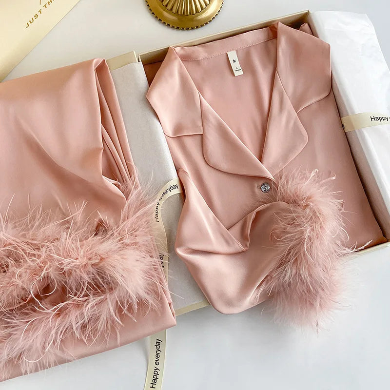 Luxury Silky Satin Pajamas with Feather Female 2PCS Long Sleeve Cardigan+Pants Pijamas Suit 2025 New Home Clothes Sleepwear