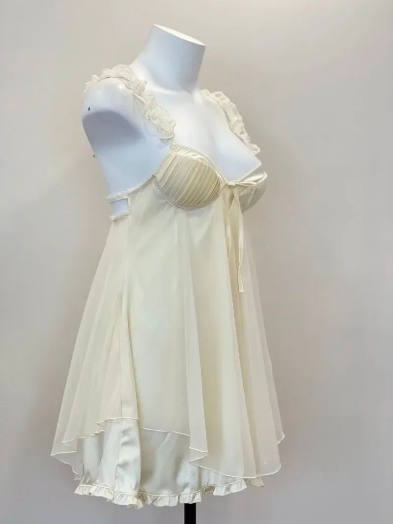 Sexy Pajamas Women'S Nightgowns 2023 New Ruffles Lace with Chest Pad Cushion Suspender Pajama Dress Night Sleepwear Lingerie
