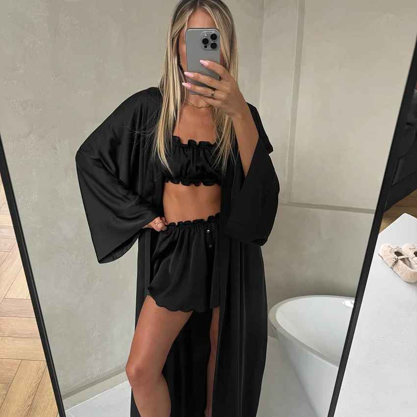 Elegant Satin 3-Piece Lounge Set – Long Robe, Crop Top & Wide-Leg Shorts