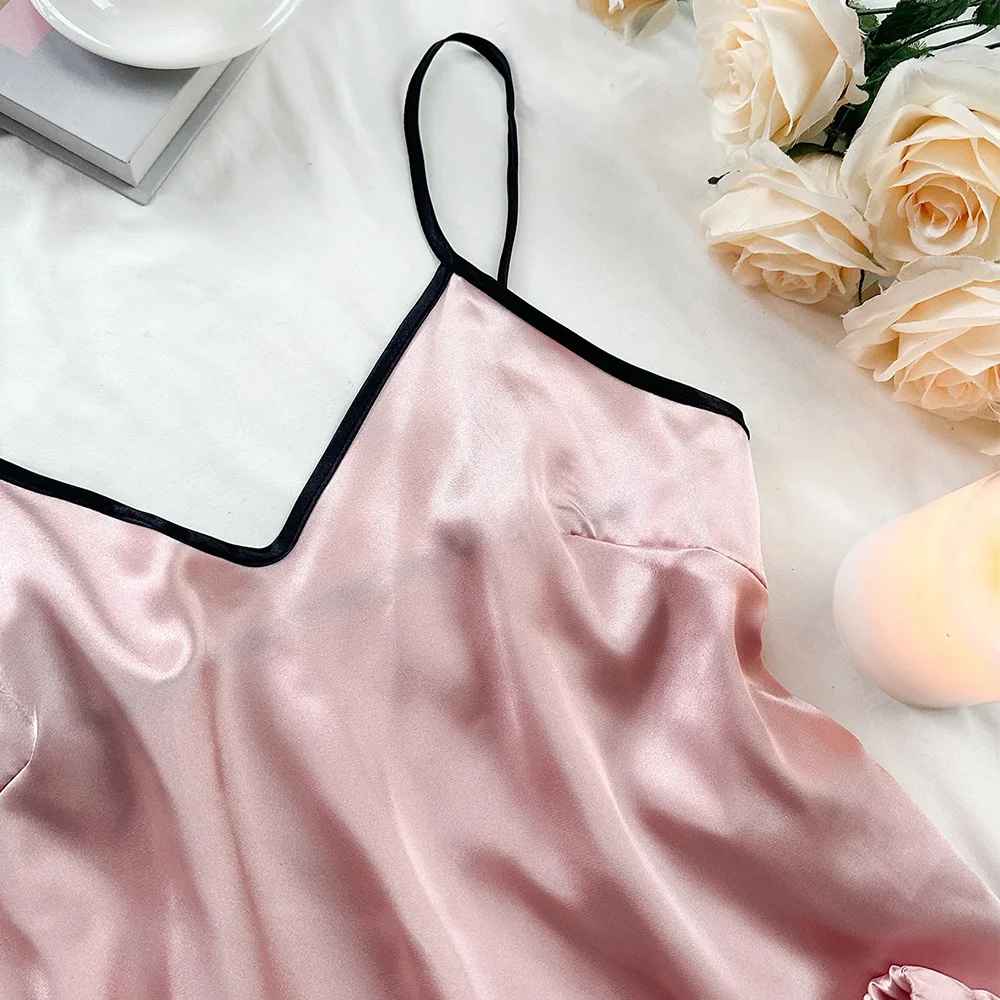 Women’s Satin Pajama Set – V-Neck Camisole Top & Ruffle Shorts