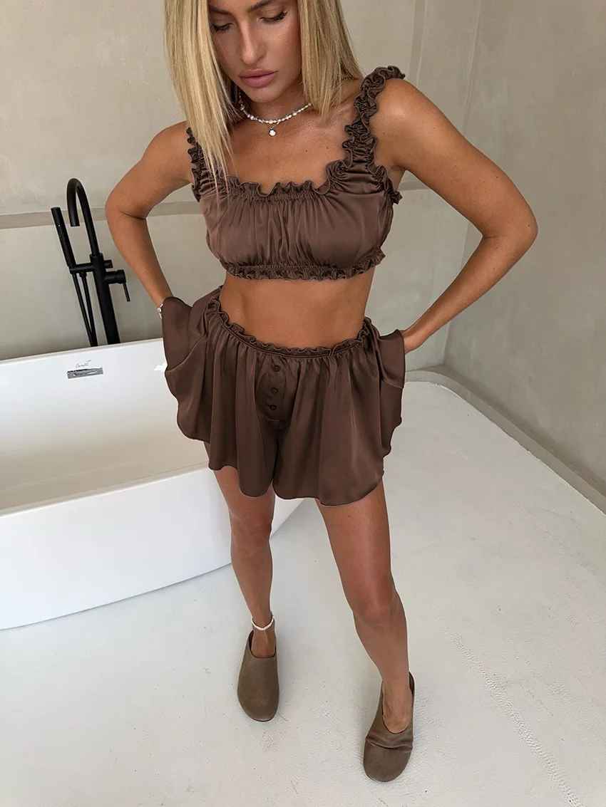 Elegant Satin 3-Piece Lounge Set – Long Robe, Crop Top & Wide-Leg Shorts