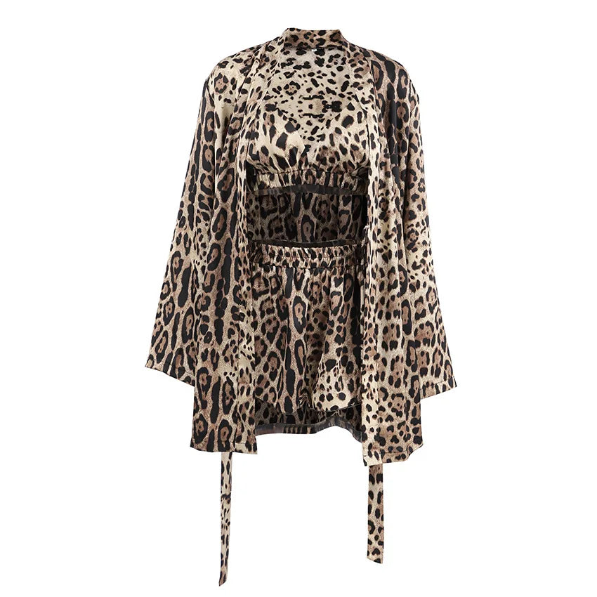 Summer, Leopard Print Loose Long-Sleeved Underwear, Shorts, Pajamas, Three-Piece Set, Loungewear