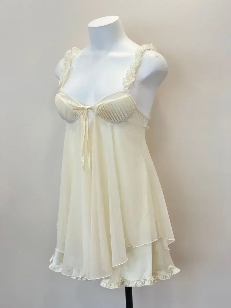 Sexy Pajamas Women'S Nightgowns 2023 New Ruffles Lace with Chest Pad Cushion Suspender Pajama Dress Night Sleepwear Lingerie