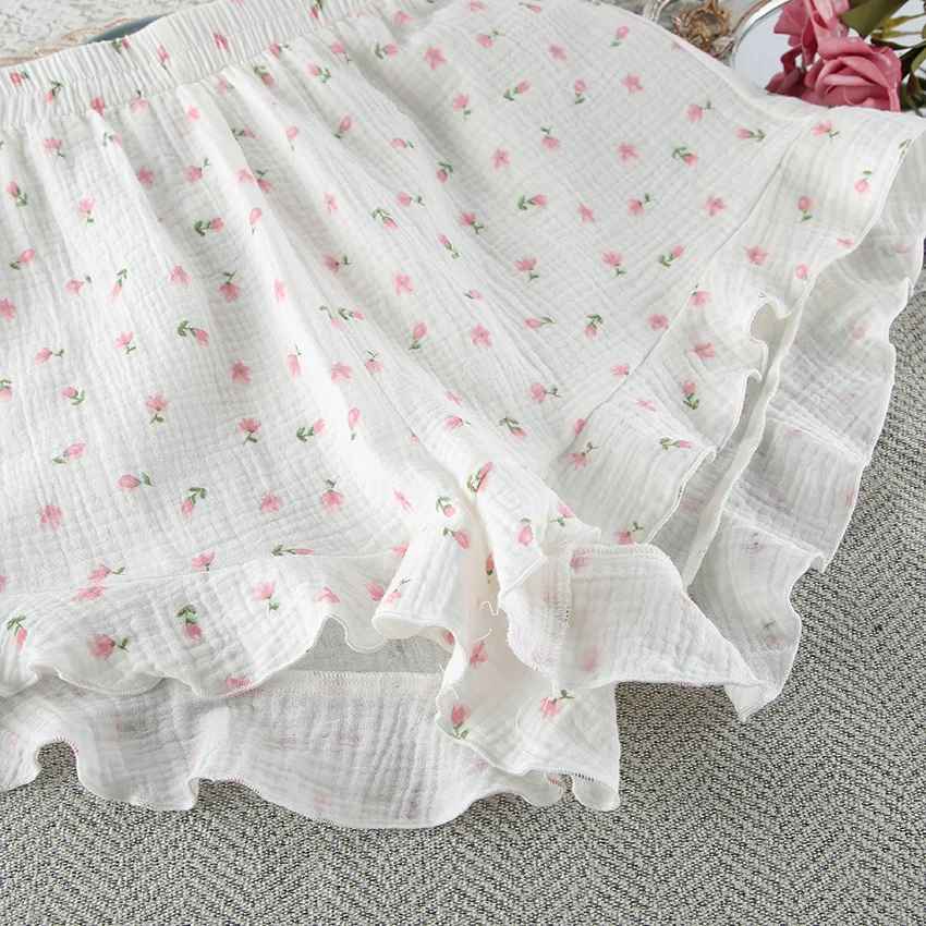 Women’s Cotton Floral Pajama Set – Ruffle Long Sleeve Top & Shorts