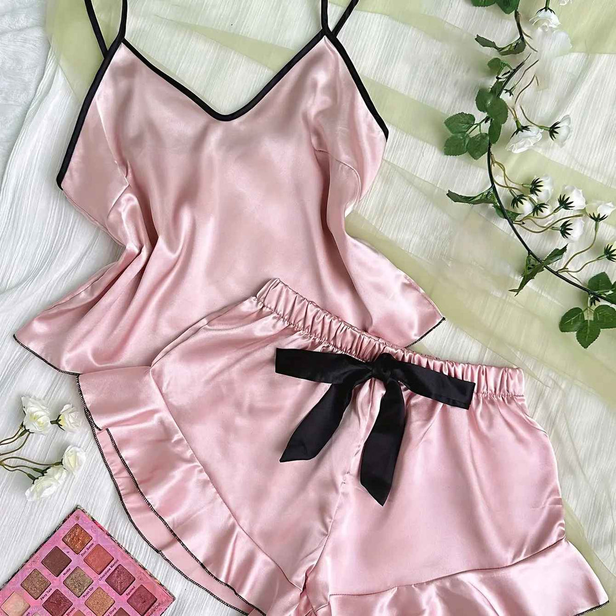 Women’s Satin Pajama Set – V-Neck Camisole Top & Ruffle Shorts