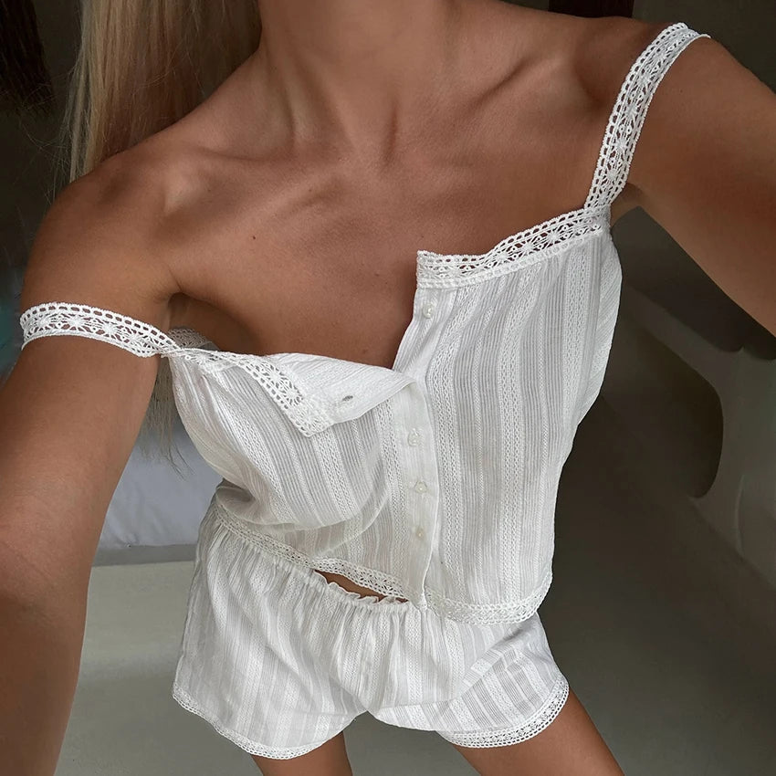 Summer Elegant Jacquard Weave Shorts Suits Pajamas Cotton Ruffles White Sleepwear Home Spaghetti Strap Vest Casual Sets