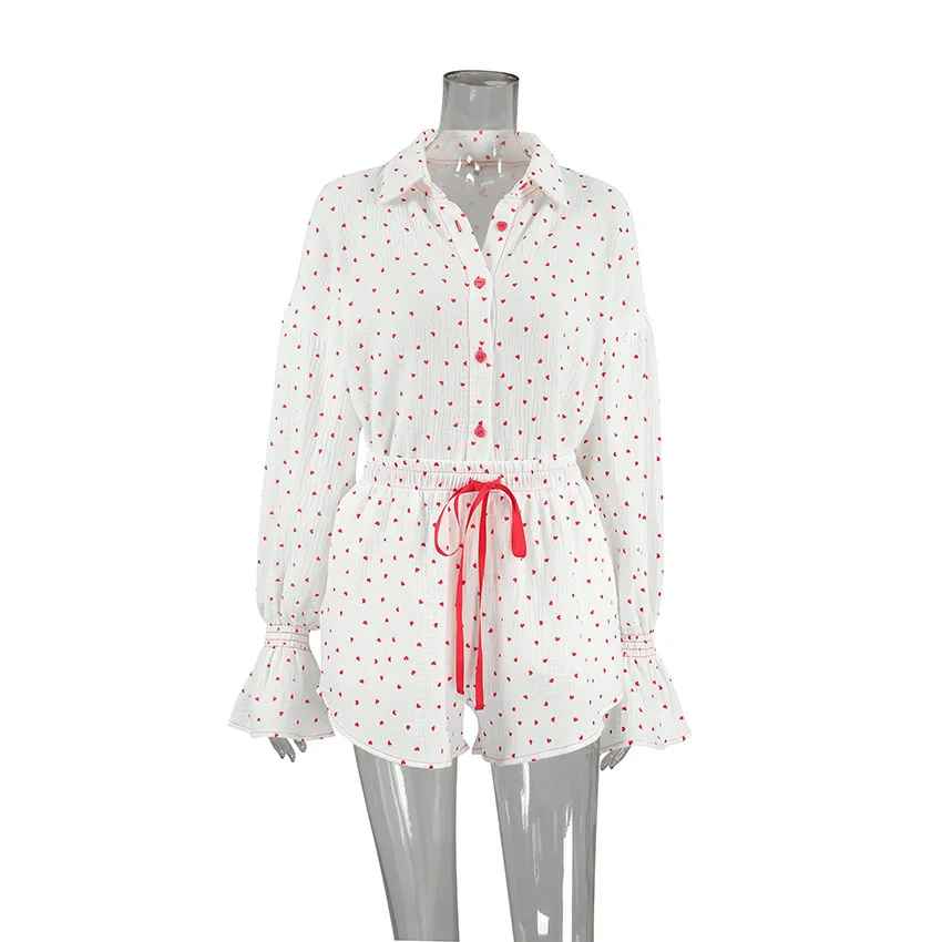 Red Heart Print Satin-Style Pajama Set