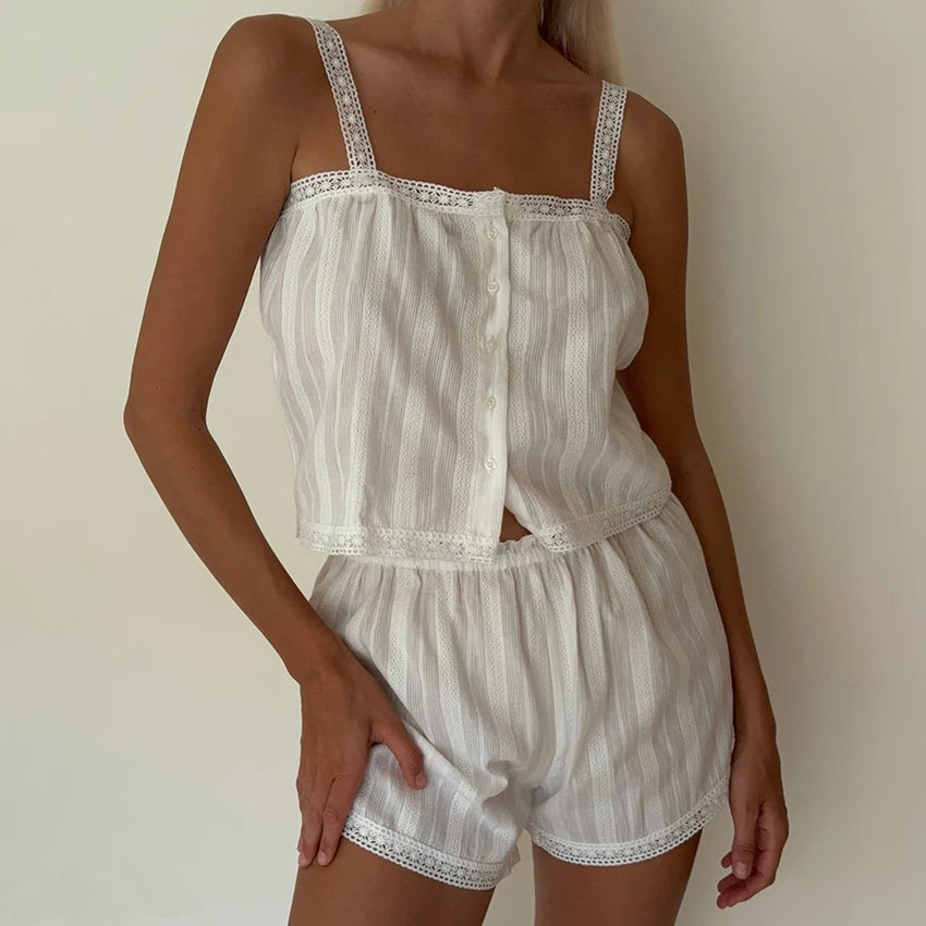 Summer Elegant Jacquard Weave Shorts Suits Pajamas Cotton Ruffles White Sleepwear Home Spaghetti Strap Vest Casual Sets