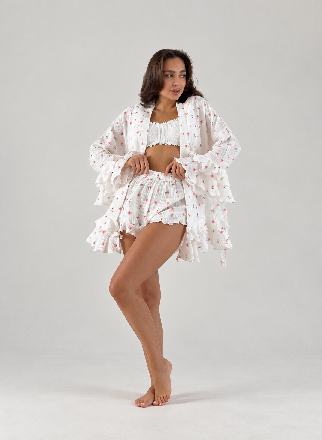Women’s Cotton Floral Pajama Set – Ruffle Long Sleeve Top & Shorts