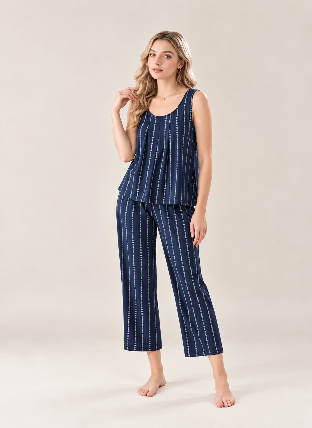 Women’s Cotton Striped Pajama Set – Sleeveless Top & Ankle-Length Pants