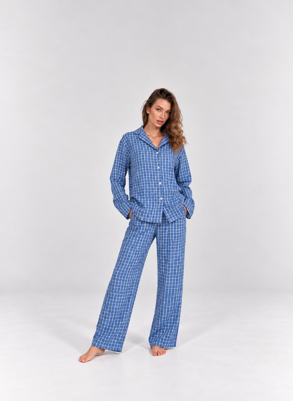 Women’s Cotton Plaid Pajama Set – Long Sleeve Button-Up Top & Relaxed Pants