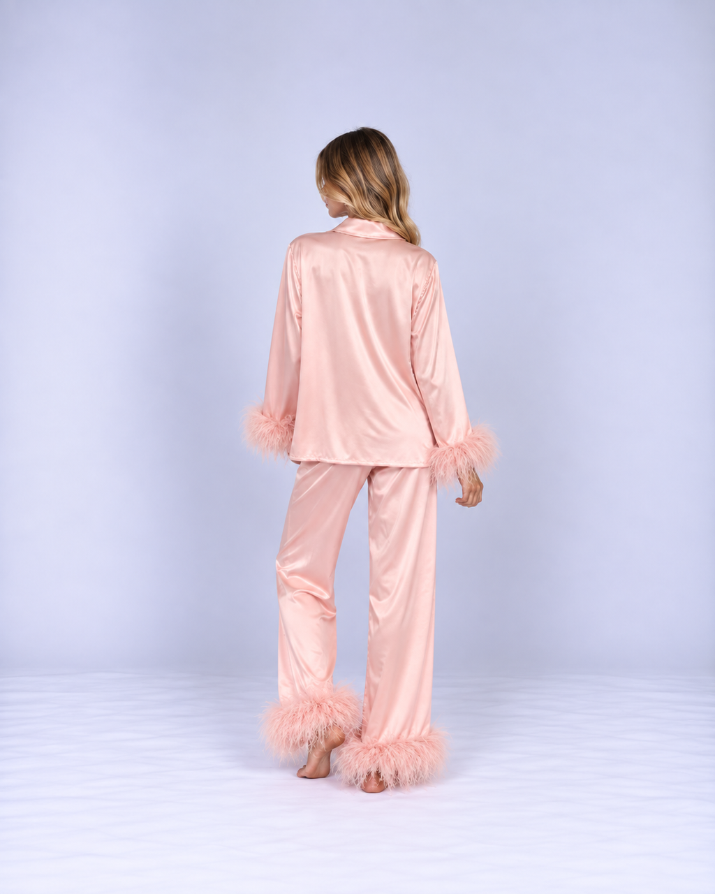 Luxury Satin Pajama Set with Feather Trim – Elegant Long-Sleeve Cardigan & Relaxed Pants Sleepwear