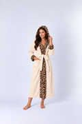 Women’s Cozy Hooded Leopard Trim Flannel Robe – Soft Warm Long Bathrobe