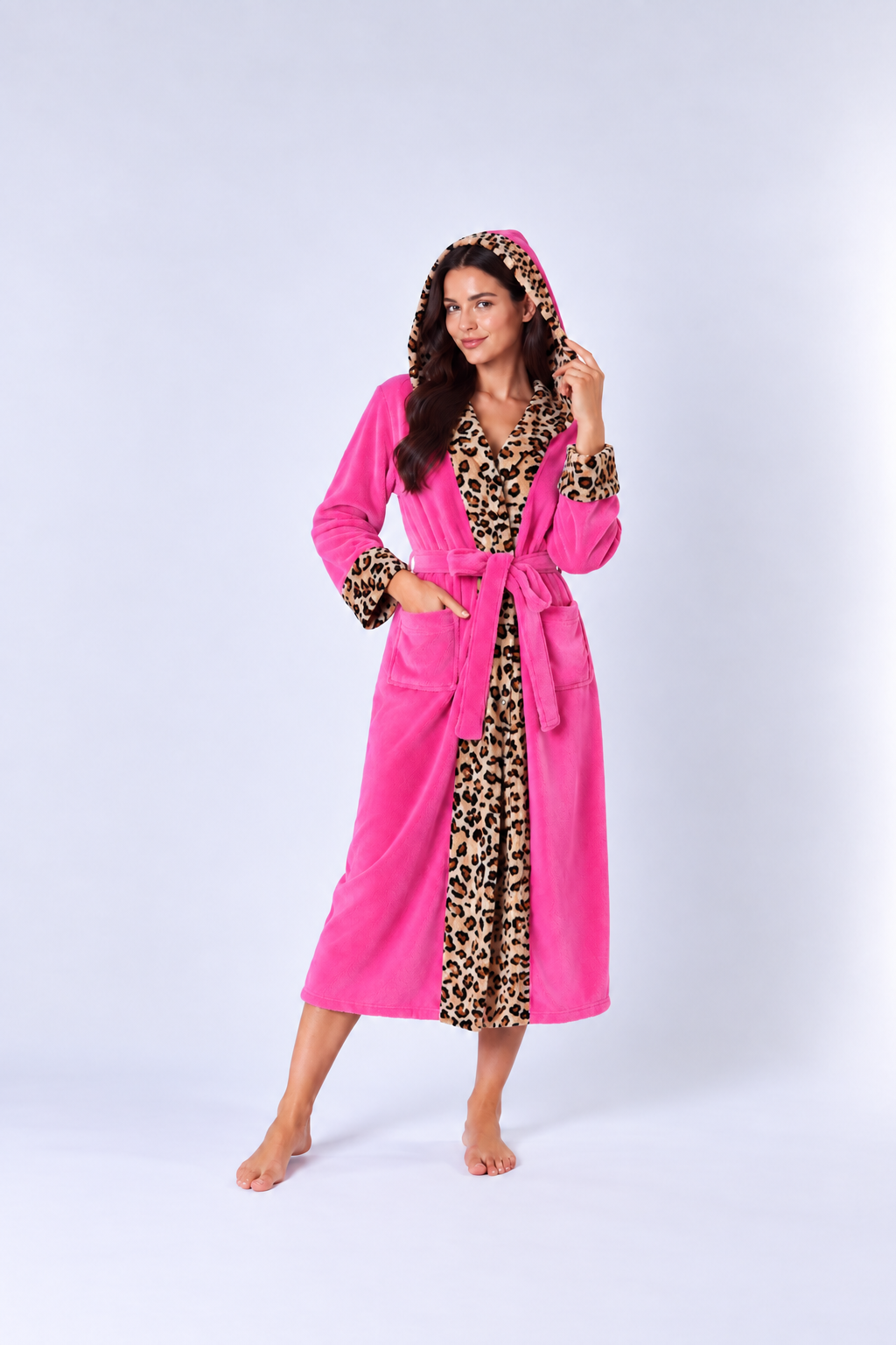Women’s Cozy Hooded Leopard Trim Flannel Robe – Soft Warm Long Bathrobe