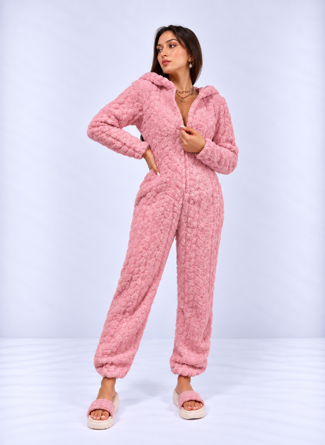 Soft Heart-Pattern Coral Fleece Onesie – Cozy Winter Sleepwear