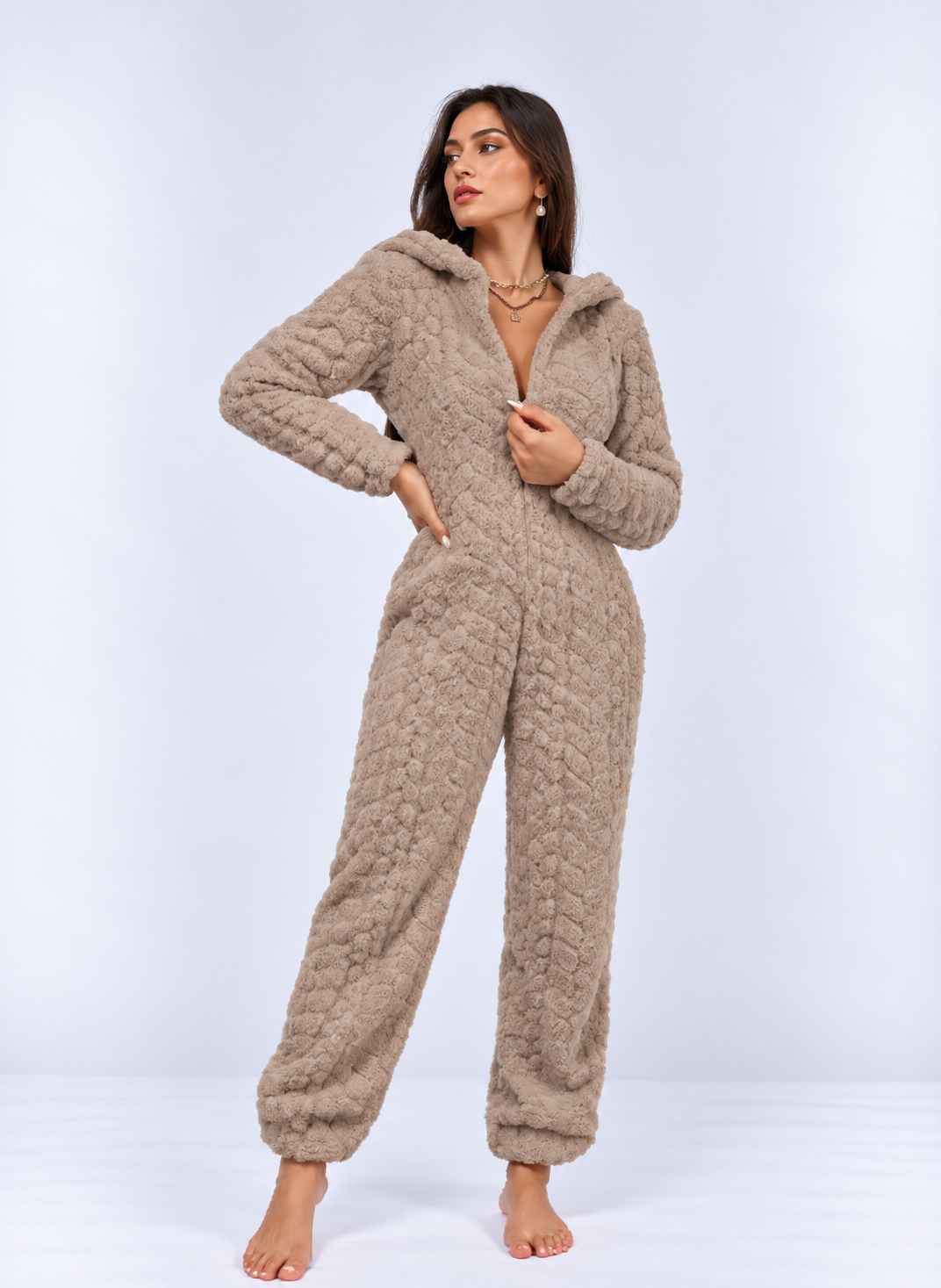 Soft Heart-Pattern Coral Fleece Onesie – Cozy Winter Sleepwear