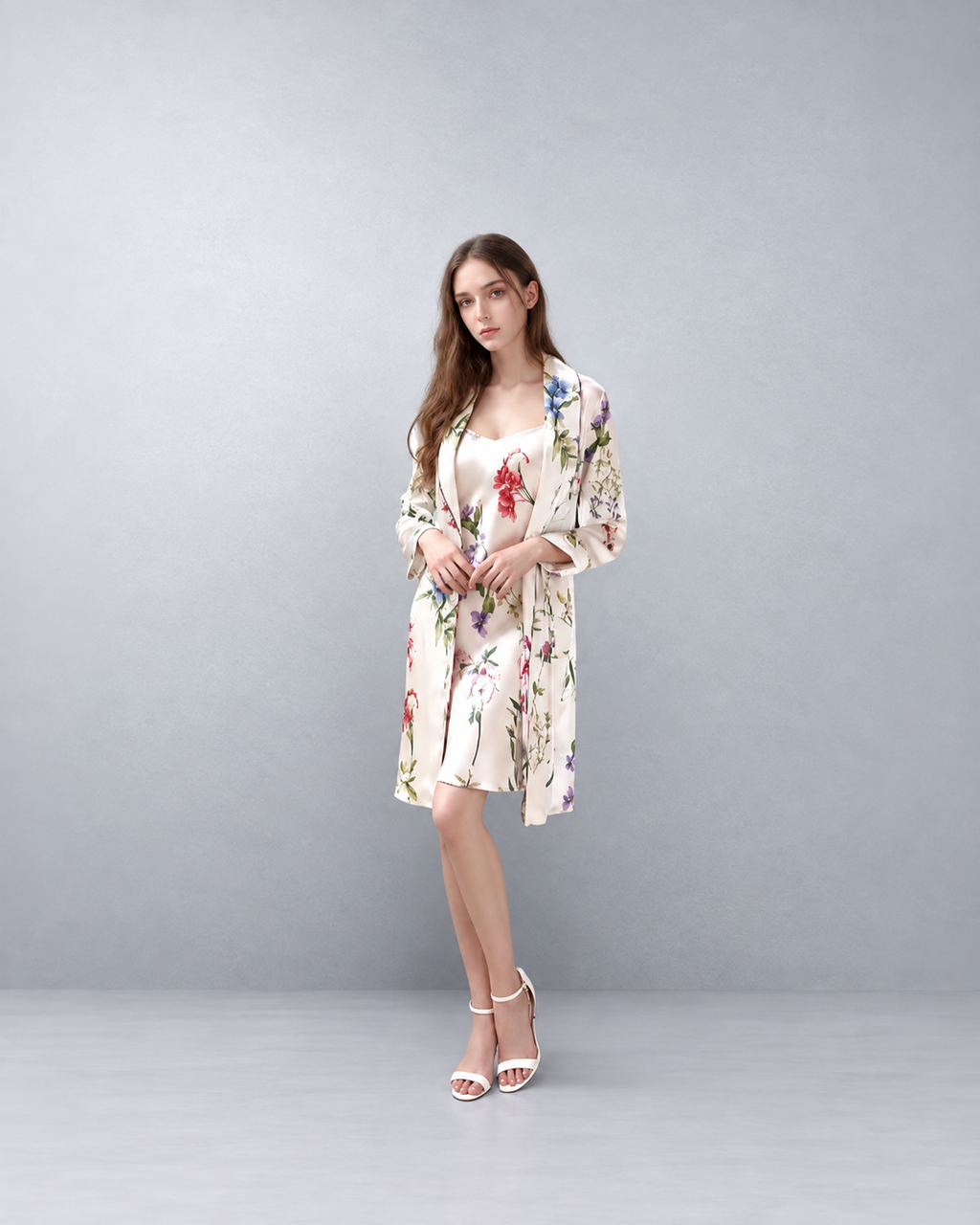 Floral Silk Robe & Camisole Set – Elegant Luxury Sleepwear