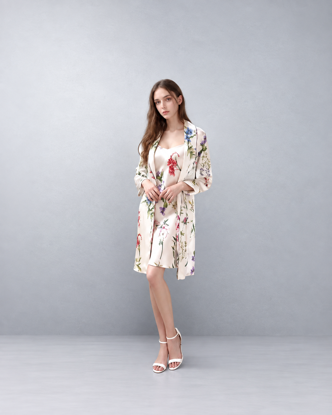 Floral Silk Robe & Camisole Set – Elegant Luxury Sleepwear