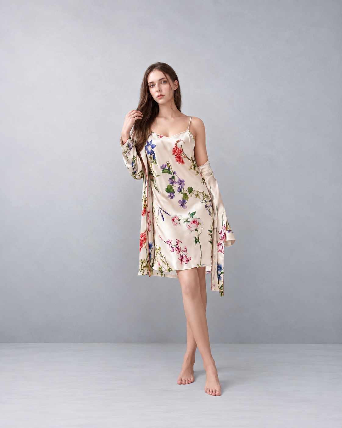 Floral Silk Robe & Camisole Set – Elegant Luxury Sleepwear