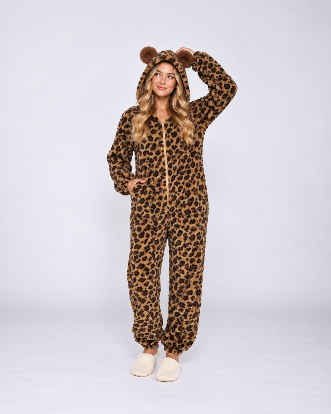 Leopard Print Coral Fleece Onesie – Cozy Winter Sleepwear for Women