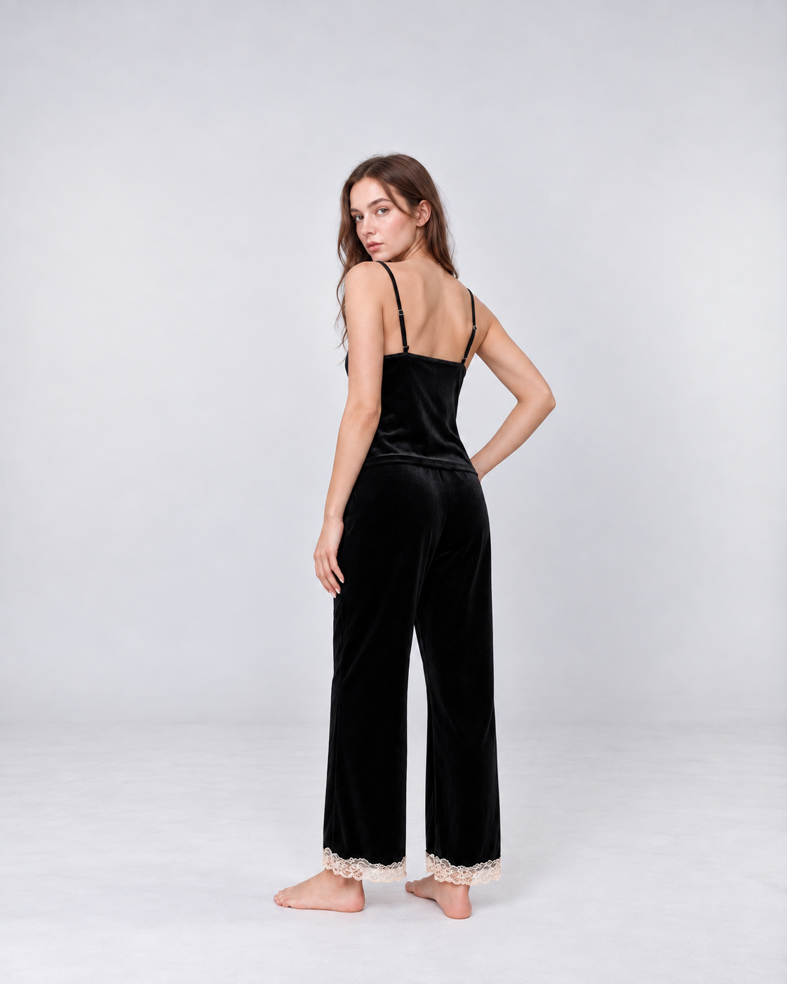 Luxury Black Velvet Lace Three-Piece Set – Elegant Corset Top, Robe & Pants
