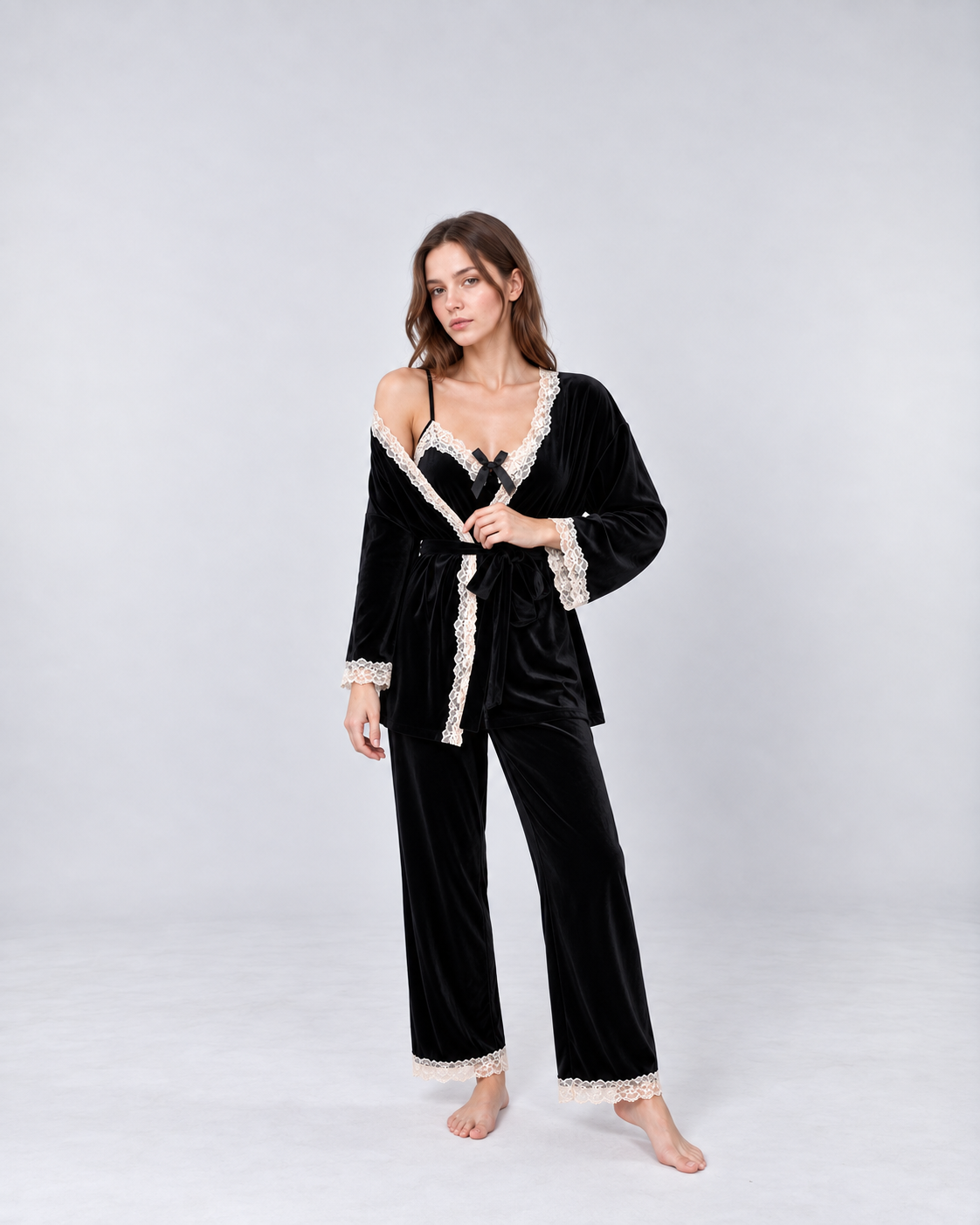 Luxury Black Velvet Lace Three-Piece Set – Elegant Corset Top, Robe & Pants