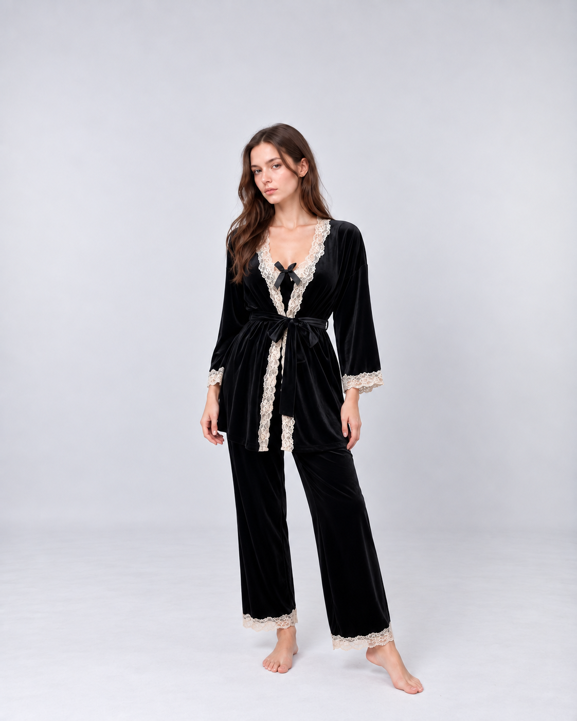 Luxury Black Velvet Lace Three-Piece Set – Elegant Corset Top, Robe & Pants