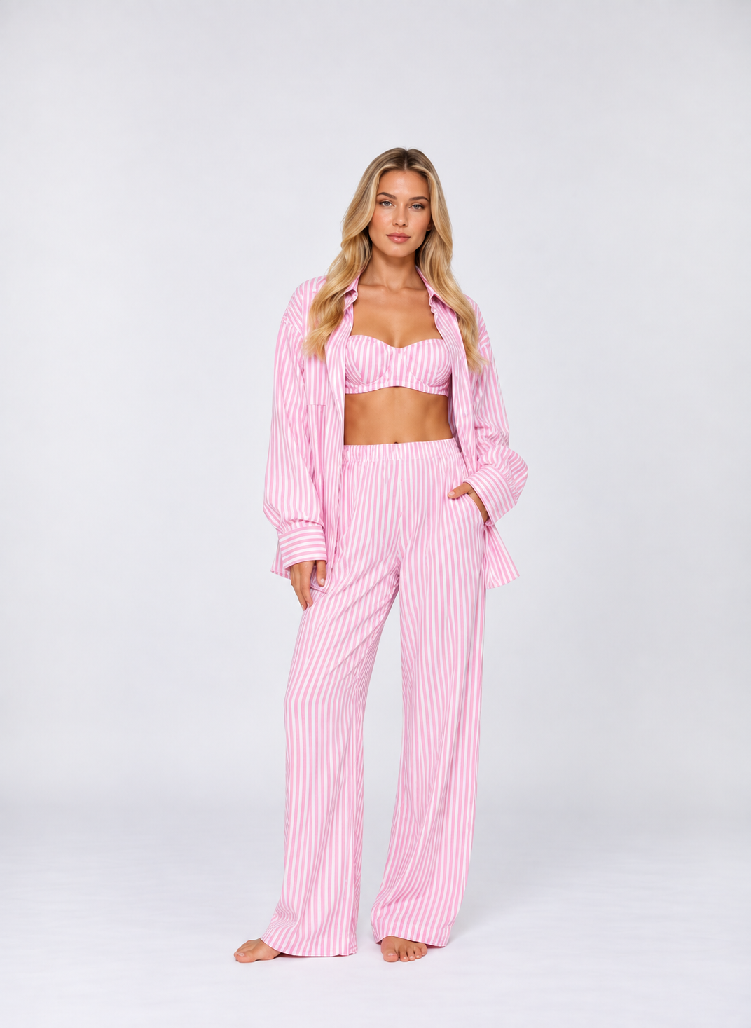 Luxury Striped Three-Piece Loungewear Set – Relaxed Shirt, Crop Top & Pants