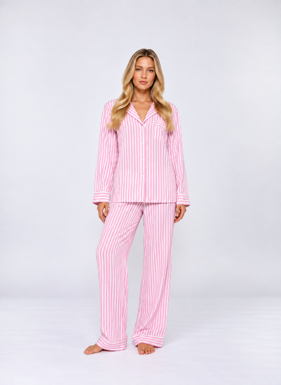 Luxury Striped Three-Piece Loungewear Set – Relaxed Shirt, Crop Top & Pants