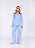Luxury Striped Three-Piece Loungewear Set – Relaxed Shirt, Crop Top & Pants