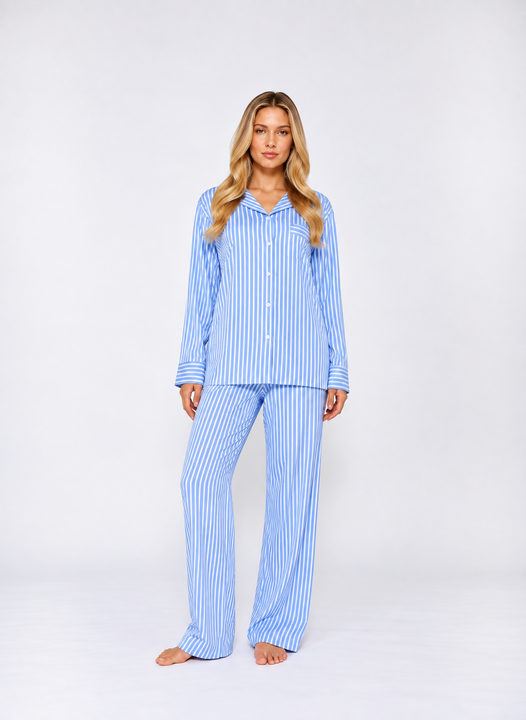 Luxury Striped Three-Piece Loungewear Set – Relaxed Shirt, Crop Top & Pants