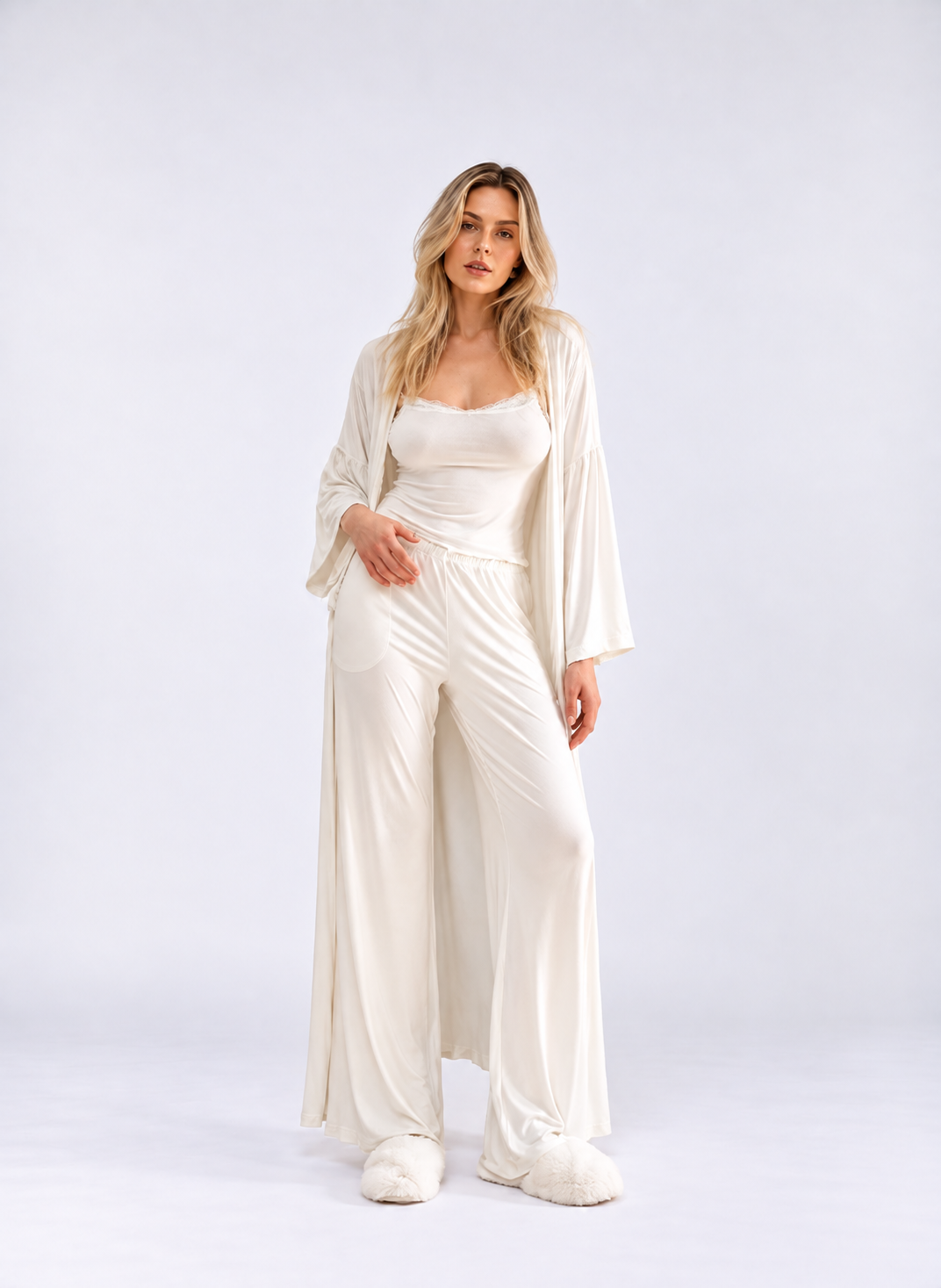 Elegant Pink Knit Three-Piece Pajama Set – Long Robe, Camisole & Relaxed Pants