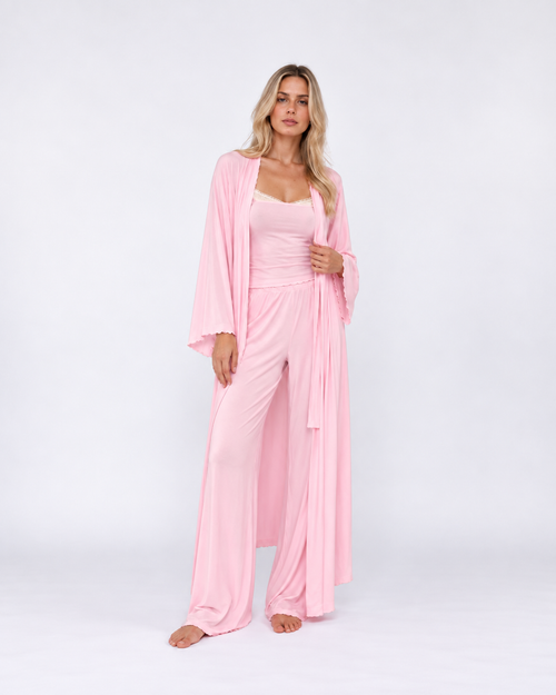 Elegant Pink Knit Three-Piece Pajama Set – Long Robe, Camisole & Relaxed Pants
