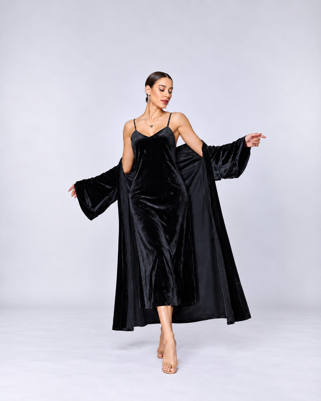 Women’s Black Velvet Slip Dress & Long Robe Set – Luxury Two-Piece Loungewear for Autumn & Winter