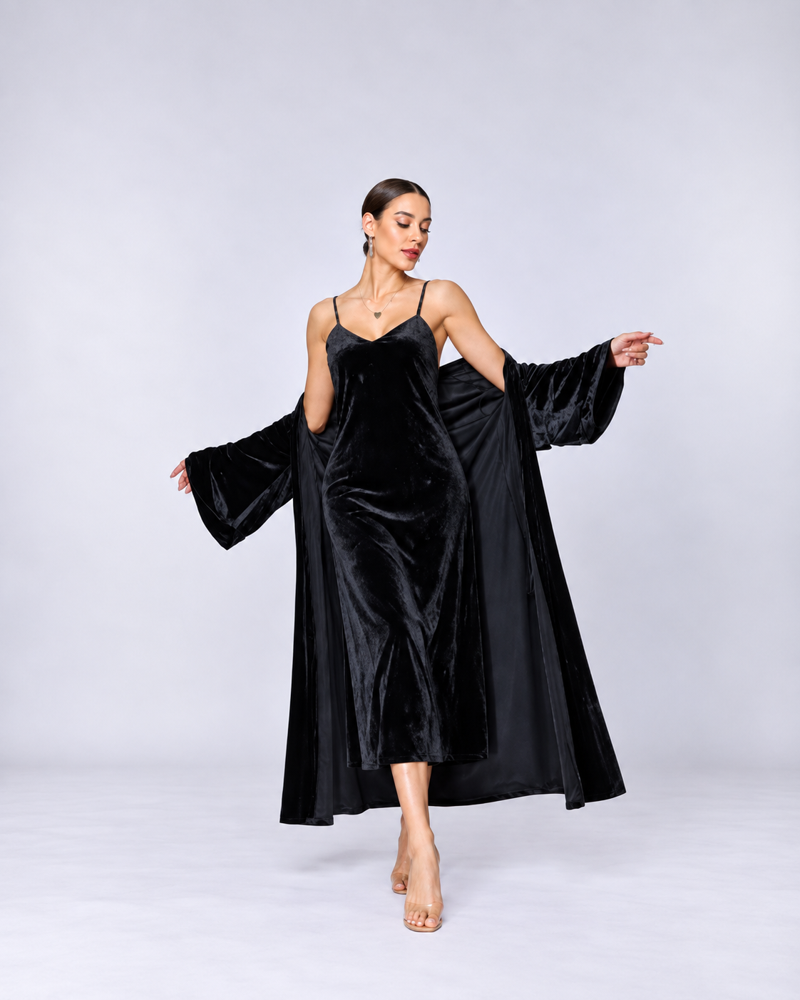 Women’s Black Velvet Slip Dress & Long Robe Set – Luxury Two-Piece Loungewear for Autumn & Winter