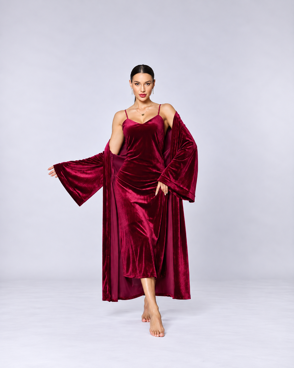 Women’s Black Velvet Slip Dress & Long Robe Set – Luxury Two-Piece Loungewear for Autumn & Winter